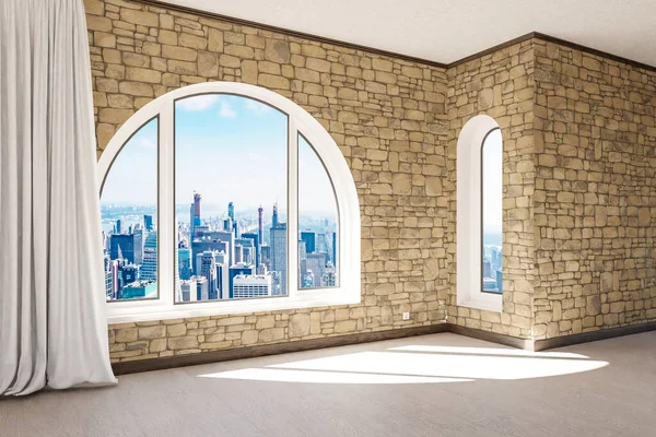 stock image empty luxurious loft apartment with arched window and panoramic view over urban downtown; noble interior design mock up white curtain and wooden floor; 3D Illustration