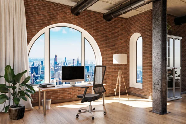 luxurious loft apartment with arched window and panoramic view over urban downtown; interior computer workspace with desk; 3D Illustration