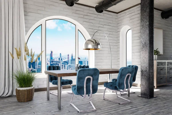 アーチ型の窓とダウンタウンのパノラマの景色を望む豪華なロフトアパート 高貴なダイニングルームのインテリアデザインモックアップ 3Dイラスト — ストック写真