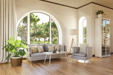 Kemerli pencere ve manzara manzaralı lüks bir kır evi dairesi; iç oturma odası tasarımı modelleme; 3D İllüstrasyon