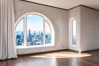 empty luxurious loft apartment with arched window and panoramic view over urban downtown; noble interior design mock up white curtain and wooden floor; 3D Illustration
