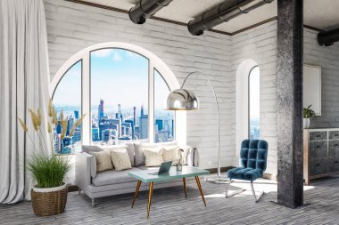 luxurious loft apartment with arched window and panoramic view over downtown; noble interior living room design mock up; 3D Illustration