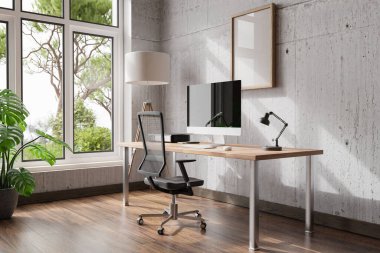 comfortable workplace pc standing on wooden desk in office at home; bright sunlight shines from side through large window; wall; with canvas copy space;  remote work freelance concept; 3D Illustration
