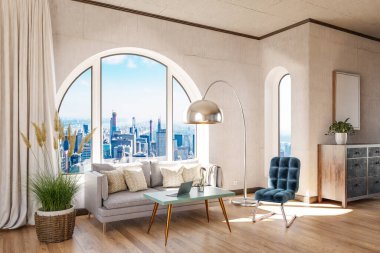 Şehir merkezi üzerinde kemerli pencere ve panoramik manzaralı lüks bir çatı katı; asil iç mekan tasarımı modelleme; 3D İllüstrasyon