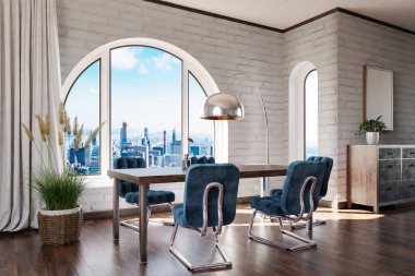 luxurious loft apartment with arched window and panoramic view over downtown; noble dining room interior design mock up; 3D Illustration