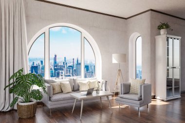 Şehir merkezi üzerinde kemerli penceresi ve panoramik manzaralı lüks çatı katı dairesi; iç oturma odası tasarımı modelleme; 3D İllüstrasyon