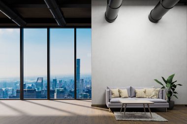large urban skyline loft office white wall and canvas mock up; copy space panoramic window skyline view, 3D Illustration