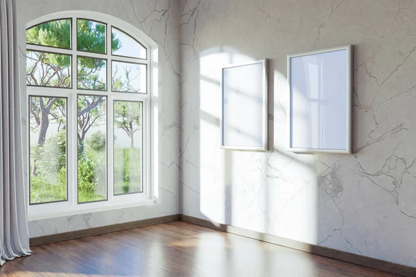 空旷的帆布海报挂在墙上 空旷的客厅内部 明亮的阳光透过一个大窗户闪烁着 室内装饰设计 3D插图 — 图库照片