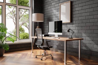 comfortable workplace pc standing on wooden desk in office at home; bright sunlight shines from side through large window; wall; with canvas copy space;  remote work freelance concept; 3D Illustration