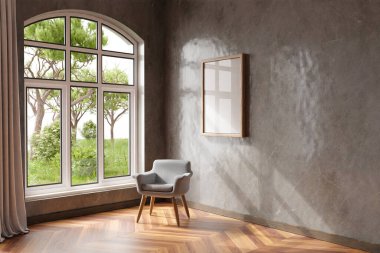 cozy living room interior with chair in a room corner; sunlight shining trough window; canvas with copy space; home decoration concept; 3D Illustration