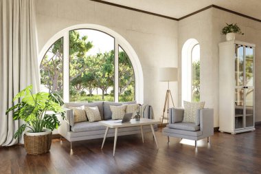Kemerli pencere ve manzara manzaralı lüks bir kır evi dairesi; iç oturma odası tasarımı modelleme; 3D İllüstrasyon