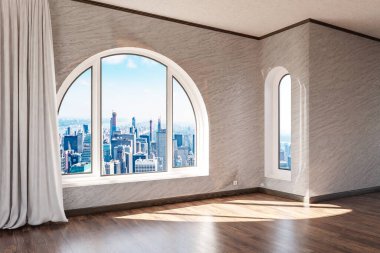 empty luxurious loft apartment with arched window and panoramic view over urban downtown; noble interior design mock up white curtain and wooden floor; 3D Illustration