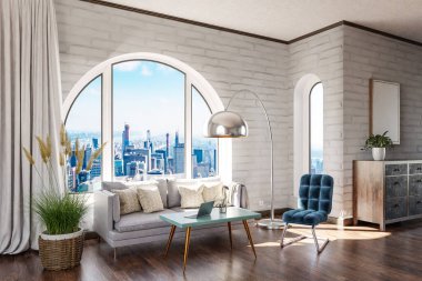 Şehir merkezi üzerinde kemerli pencere ve panoramik manzaralı lüks bir çatı katı; asil iç mekan tasarımı modelleme; 3D İllüstrasyon