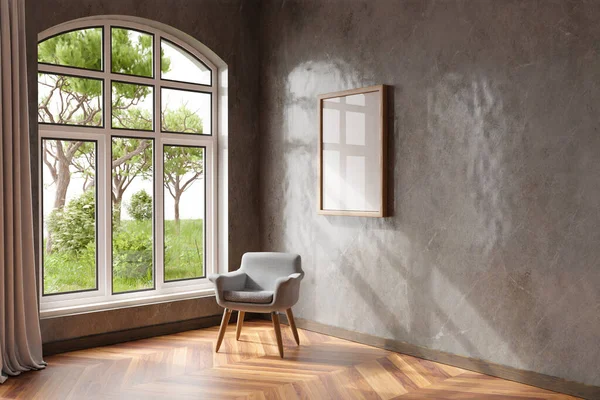 舒适的客厅内部 房间角落有椅子 阳光闪耀的凹槽窗 有复制空间的帆布 家庭装修概念 3D插图 — 图库照片