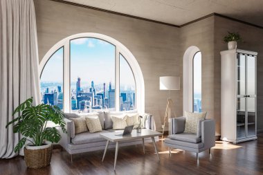 Şehir merkezi üzerinde kemerli penceresi ve panoramik manzaralı lüks çatı katı dairesi; iç oturma odası tasarımı modelleme; 3D İllüstrasyon