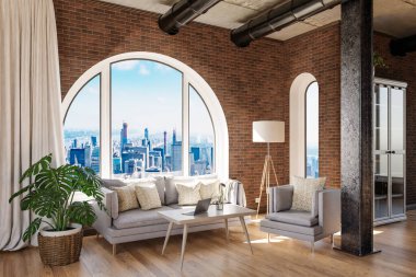 Şehir merkezi üzerinde kemerli penceresi ve panoramik manzaralı lüks çatı katı dairesi; iç oturma odası tasarımı modelleme; 3D İllüstrasyon