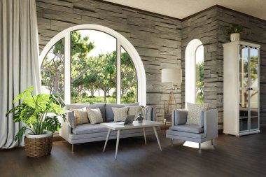 Kemerli pencere ve manzara manzaralı lüks bir kır evi dairesi; iç oturma odası tasarımı modelleme; 3D İllüstrasyon