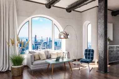 luxurious loft apartment with arched window and panoramic view over downtown; noble interior living room design mock up; 3D Illustration