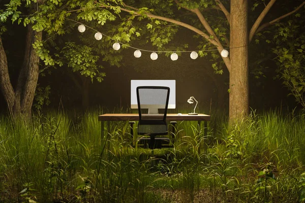 lonely pc workplace in foggy jungle forest under chain of lights; work and travel remote work and digital nomad concept; 3D illustration