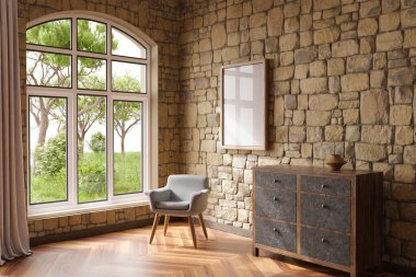 cozy living room interior with chair in a room corner; sunlight shining trough window; canvas with copy space; home decoration concept; 3D Illustration