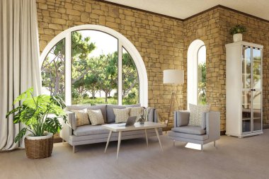 Kemerli pencere ve manzara manzaralı lüks bir kır evi dairesi; iç oturma odası tasarımı modelleme; 3D İllüstrasyon