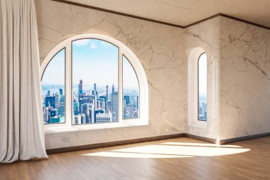 empty luxurious loft apartment with arched window and panoramic view over urban downtown; noble interior design mock up white curtain and wooden floor; 3D Illustration