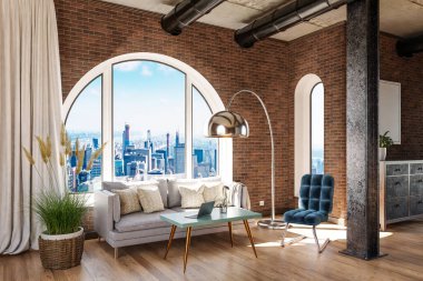 luxurious loft apartment with arched window and panoramic view over downtown; noble interior living room design mock up; 3D Illustration