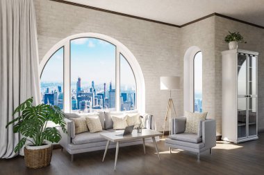 Şehir merkezi üzerinde kemerli penceresi ve panoramik manzaralı lüks çatı katı dairesi; iç oturma odası tasarımı modelleme; 3D İllüstrasyon