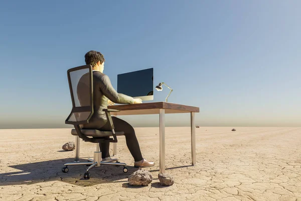 Одинокий Бизнесмен Рабочем Месте Пустыне Среды Удаленной Работы Цифровой Кочевой — стоковое фото