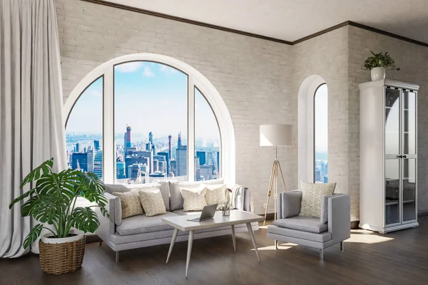Luxusní Podkrovní Byt Klenutým Oknem Panoramatickým Výhledem Centrum Města Design — Stock fotografie