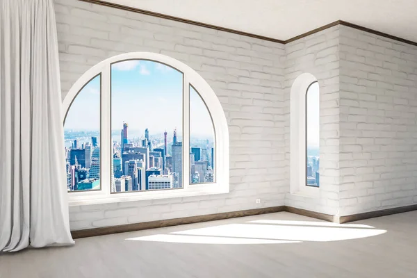 Empty Luxurious Loft Apartment Arched Window Panoramic View Urban Downtown — 图库照片
