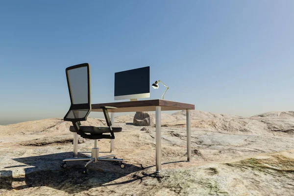 lonely pc workplace in desert environment; remote work and digital nomad and climate crisis concept; 3D illustration