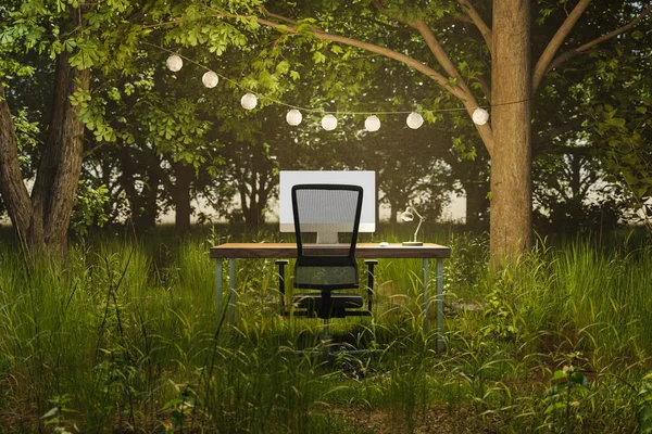lonely pc workplace in foggy jungle forest under chain of lights; work and travel remote work and digital nomad concept; 3D illustration