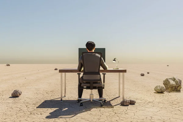 Μοναχικός Επιχειρηματίας Στο Χώρο Εργασίας Στο Περιβάλλον Της Ερήμου Απομακρυσμένη — Φωτογραφία Αρχείου