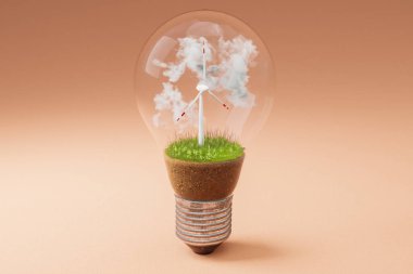 içinde minyatür rüzgar türbini olan tek bir ampul; yeşil toprak ve bulutlar; yenilenebilir temiz enerji kavramı; sonsuz arkaplan; 3D illüstrasyon