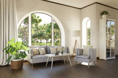 Kemerli pencere ve manzara manzaralı lüks bir kır evi dairesi; iç oturma odası tasarımı modelleme; 3D İllüstrasyon
