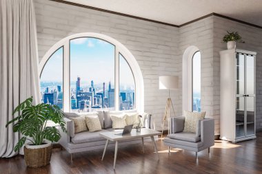 Şehir merkezi üzerinde kemerli penceresi ve panoramik manzaralı lüks çatı katı dairesi; iç oturma odası tasarımı modelleme; 3D İllüstrasyon