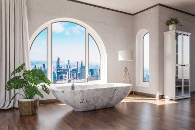 Şehir merkezindeki çatı katında serbest banyo; minimal iç tasarım; rahatlama ve spa konsepti; 3D Illustration