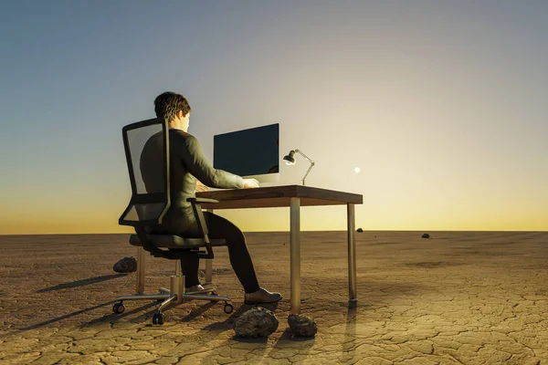 Samotny Przedsiębiorca Miejscu Pracy Komputera Środowisku Pustynnym Praca Zdalna Cyfrowy — Zdjęcie stockowe