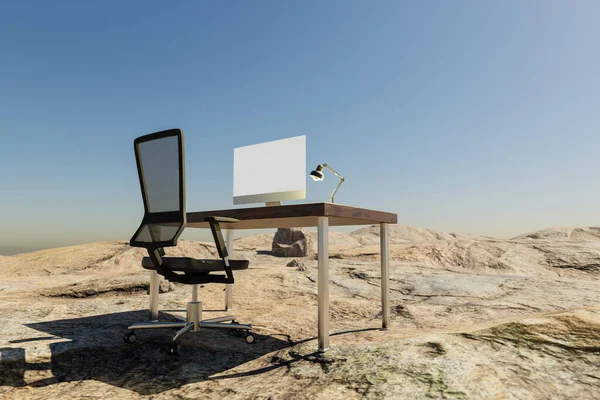 Posto Lavoro Solitario Ambiente Desertico Lavoro Distanza Nomade Digitale Concetto — Foto Stock