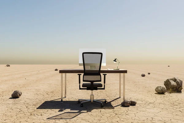 Eenzame Werkplek Woestijn Omgeving Afgelegen Werk Digitale Nomade Klimaat Crisis — Stockfoto