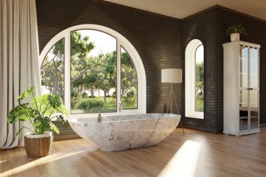 Hafifletilmiş rahat köy evi banyosunda serbest banyo raf ve tuval ile minimal iç tasarım rahatlama spa konsepti, 3 boyutlu illüstrasyon