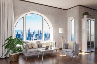 Şehir merkezi üzerinde kemerli penceresi ve panoramik manzaralı lüks çatı katı dairesi; iç oturma odası tasarımı modelleme; 3D İllüstrasyon