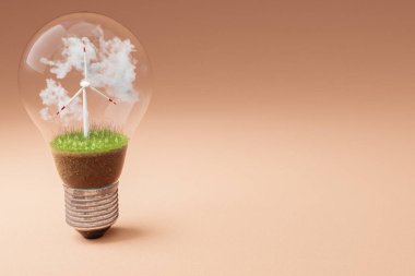 içinde minyatür rüzgar türbini olan tek bir ampul; yeşil toprak ve bulutlar; yenilenebilir enerji konsepti; 3 boyutlu illüstrasyon