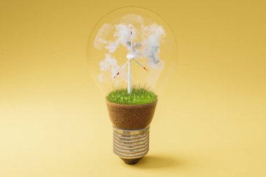 içinde minyatür rüzgar türbini olan tek bir ampul; yeşil toprak ve bulutlar; yenilenebilir temiz enerji kavramı; sonsuz arkaplan; 3D illüstrasyon