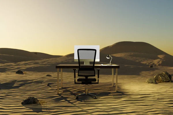 Eenzame Werkplek Woestijn Omgeving Afgelegen Werk Digitale Nomade Klimaat Crisis — Stockfoto