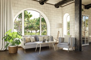 Kemerli pencere ve manzara manzaralı lüks bir kır evi dairesi; iç oturma odası tasarımı modelleme; 3D İllüstrasyon