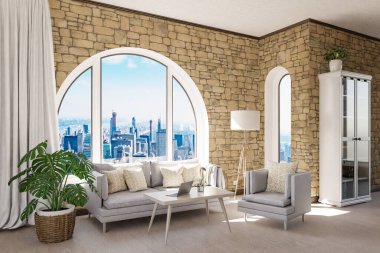 Şehir merkezi üzerinde kemerli penceresi ve panoramik manzaralı lüks çatı katı dairesi; iç oturma odası tasarımı modelleme; 3D İllüstrasyon