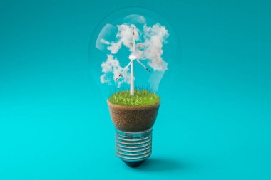 içinde minyatür rüzgar türbini olan tek bir ampul; yeşil toprak ve bulutlar; yenilenebilir temiz enerji kavramı; sonsuz arkaplan; 3D illüstrasyon