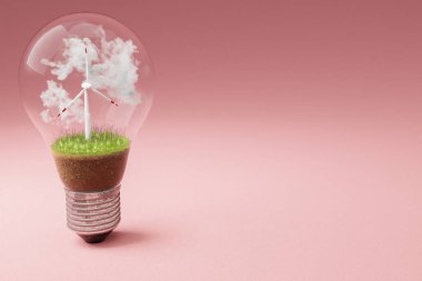 içinde minyatür rüzgar türbini olan tek bir ampul; yeşil toprak ve bulutlar; yenilenebilir enerji konsepti; 3 boyutlu illüstrasyon